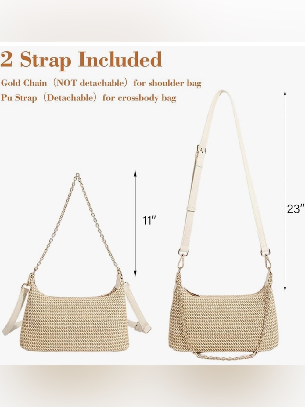 Womens Straw Shoulder Bag Woven Clutch Underarm Purse with Detachable Pu Strap - Picture 5 of 7